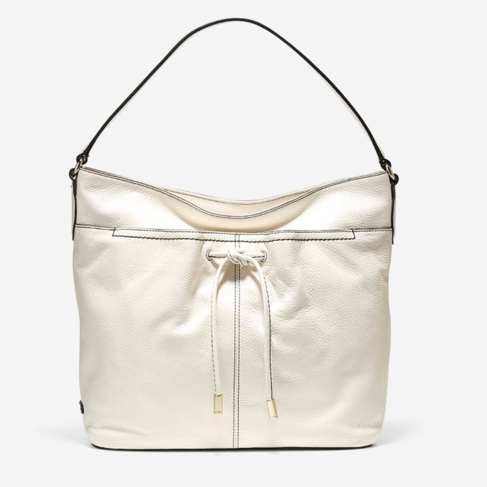 Cole Haan Hobo Leather Handbag White Reily Zip Drawstring Medium Shoulder Purse